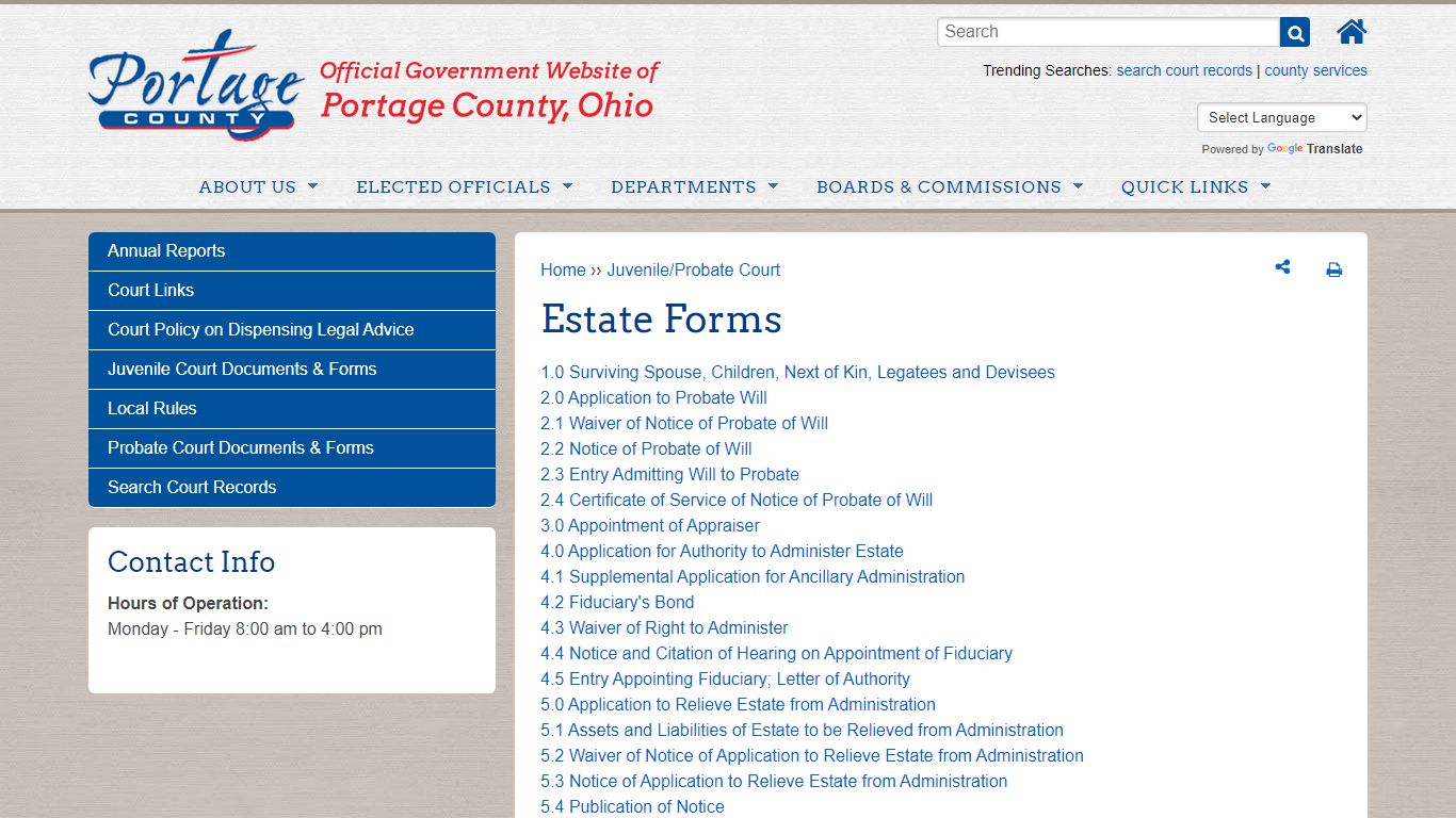 Estate Forms | Portage County OH